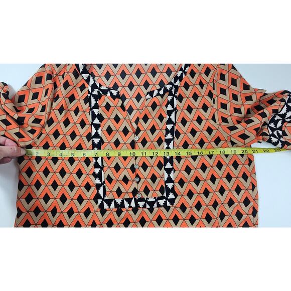Thml Anthro orange geometric peasant boho blouse split neck cottagecore M EUC ^^ - Picture 7 of 7